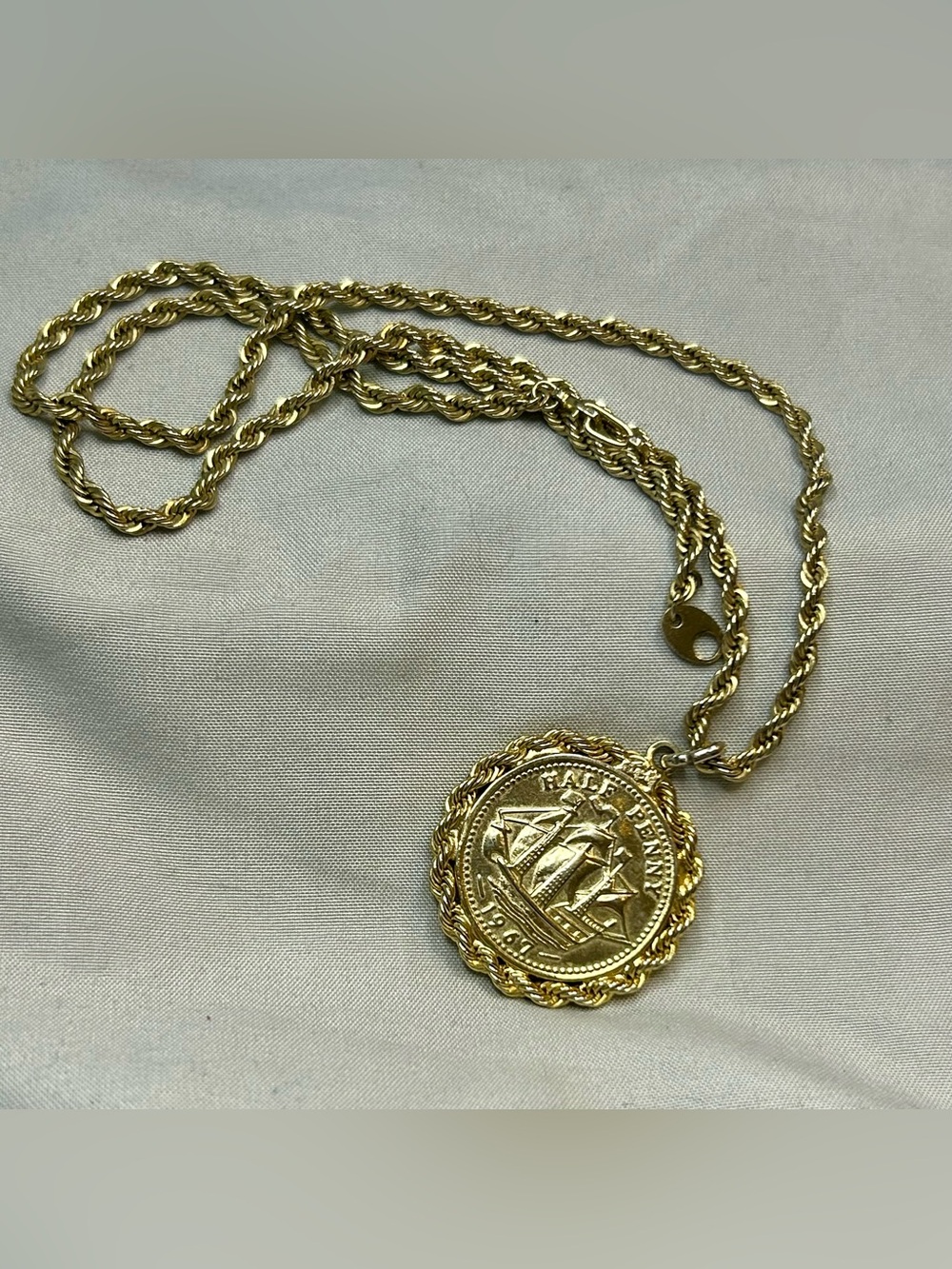 Queen Elizabeth the Second Half Penny Nautical Pendant necklace from 1967